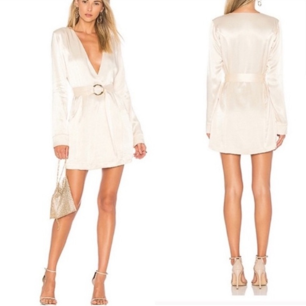 Lovers + Friends Champagne Silky V Neck Belted Mini Dress